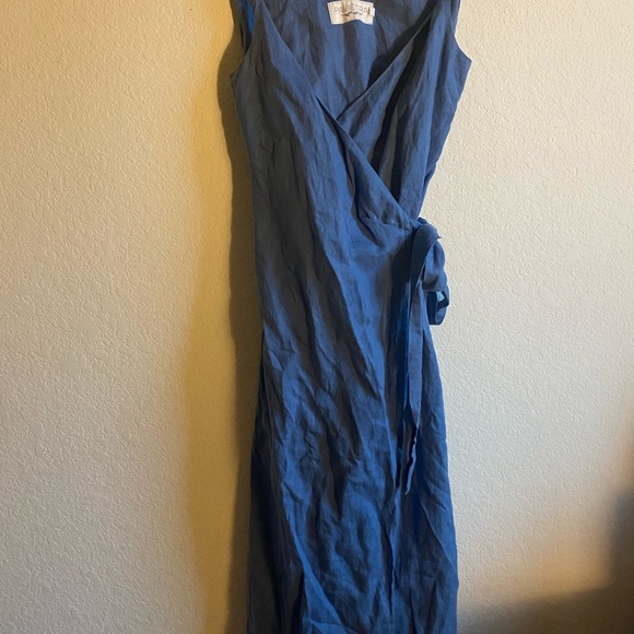 PAVIETRA Linen Twisted Straps Blue Wrap Pockets Resortwear Feminine Dress XS - Picture 3 of 16